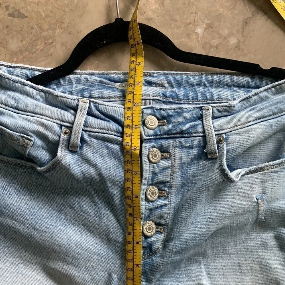 Old Navy‎ Power Slim Straight Hi-Rise Jeans sz 12 distressed buttons fly festive